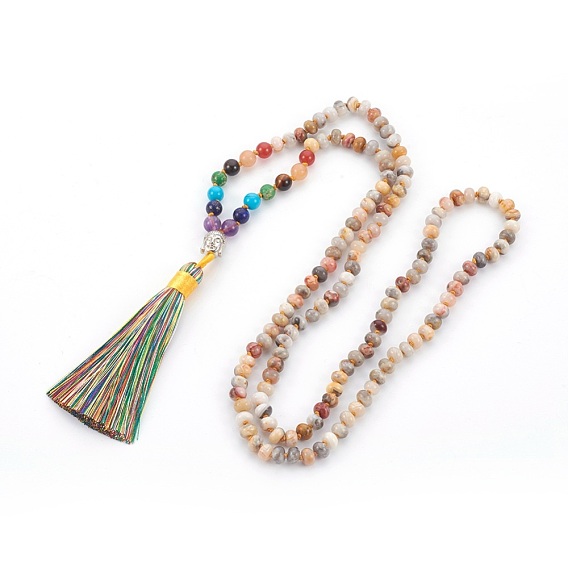 Gemstone Beads Necklaces, Natural & Synthetic Mixed Stone, with Polyester Tassel Big Pendants and Alloy Finding