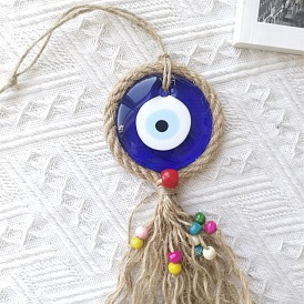 Blue Flat Round with Evil Eye Glass Pendant Decorations, with Wood Beads and Jute Cord Tassel Car Hanging Ornaments