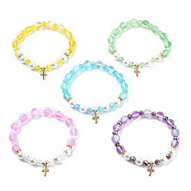 8mm Holographic Synthetic Moonstone & Shell Pearl Round Beaded Stretch Bracelets, 304 Stainless Steel Tiny Cross Charm Bracelets, Golden