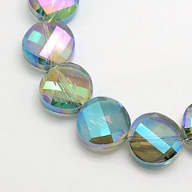 Electroplate Crystal Glass Flat Round Beads Strands, Faceted, Rainbow Color Plated, 14mm, Hole: 1mm, about 50pcs/strand, 27.5 inch