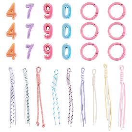 10 pièces 2 styles décorations pendentifs en cordon nylon, pour les décorations de sacs, avec 20 pièces de perles acryliques opaques à placage UV, 10pcs anneaux de porte à ressort en alliage