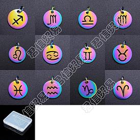Unicraftale 12Pcs Rainbow Color Ion Plating(IP) 201 Stainless Steel Charms, with Jump Rings, Flat Round with Constellation/Zodiac Sign