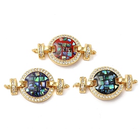 Rack Plating Brass Micro Pave Cubic Zirconia Flat Round Connector Charms, with Enamel & Shell, Real 18K Gold Plated, Long-Lasting Plated, Lead Free & Cadmium Free