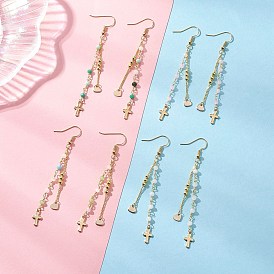 Пересечь 304 серьги болтаться из нержавеющей стали, с латунными крючками для сережек и латунными цепочками ручной работы, золотые