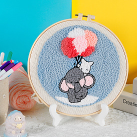 Elephant Pattern DIY Punch Needle Embroidery Beginner Kits, including Fabric, Yarn, Embroidery Hoop