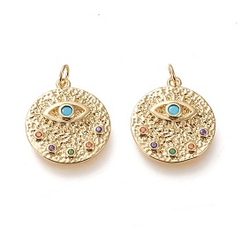 Brass Micro Pave Cubic Zirconia Hammered Pendants, with Jump Rings, Long-Lasting Plated, Flat Round with Eye, Colorful