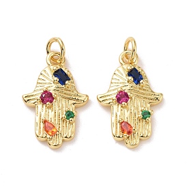Hamsa Hand Brass Micro Pave Colorful Cubic Zirconia Pendants, with Jump Rings, Cadmium Free & Lead Free