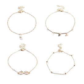 4Pcs 4 Style Alloy Chain Anklets Sets, Bowknot Link Anklets with Triangle and Resin Pearl Charm for Women