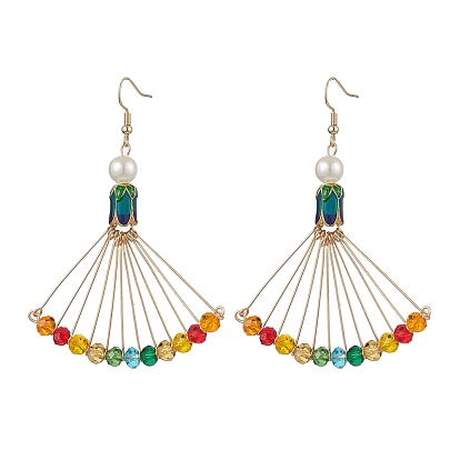 Pendientes colgantes de aleación y vidrio en forma de abanico., colorido