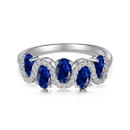 Rhodium Plated 925 Sterling Silver Wave Finger Rings, Oval Cubic Zirconia Ring for Women Men