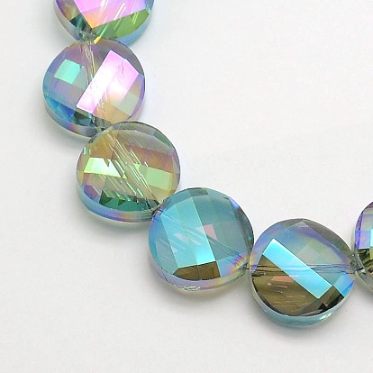 Electroplate Crystal Glass Flat Round Beads Strands, Faceted, Rainbow Color Plated, 14mm, Hole: 1mm, about 50pcs/strand, 27.5 inch