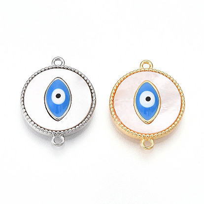 Латунные подвески-шармы с натуральными плоскими круглыми соединителями из ракушек, без кадмия, без никеля и без свинца, доджер синяя эмаль злые глазные ссылки