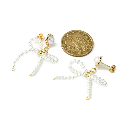 Natural Pearl Beaded Bowknot Dangle Stud Earrings, Golden Alloy Drop Earrings
