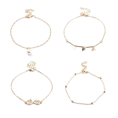 4Pcs 4 Style Alloy Chain Anklets Sets, Bowknot Link Anklets with Triangle and Resin Pearl Charm for Women