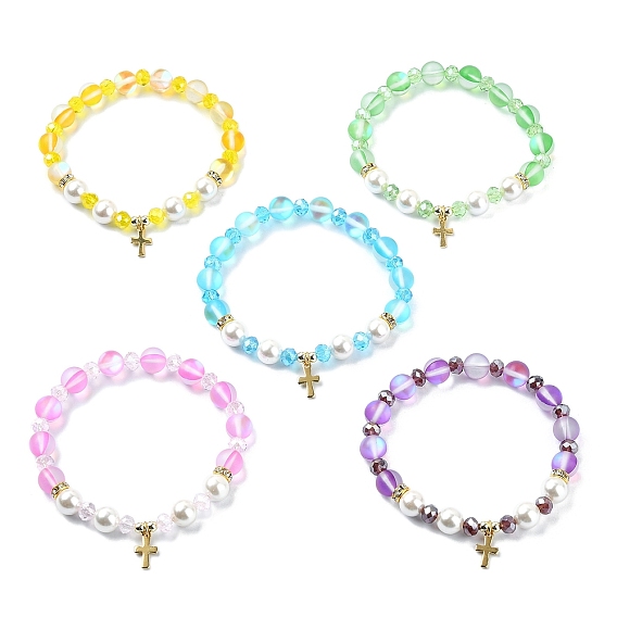 8мм голографические синтетические лунные камни и ракушечные жемчужины круглые бусины эластичные браслеты, 304 браслеты с подвесками в виде маленького крестика из нержавеющей стали, золотые