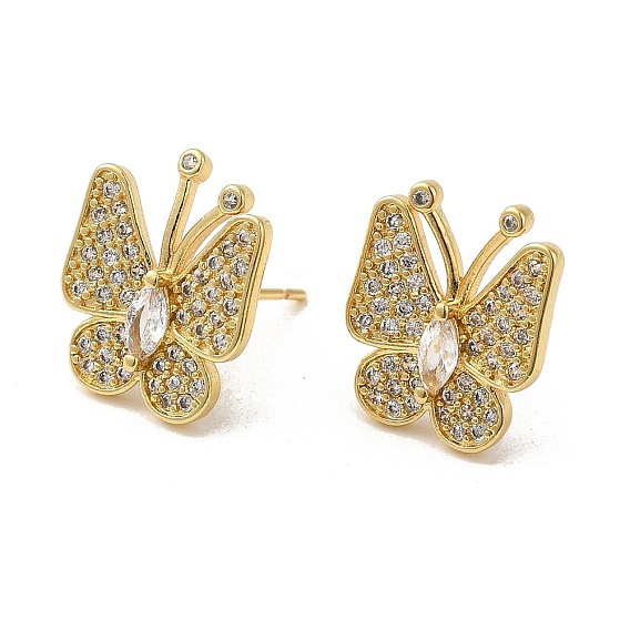 Rack Plating Real 18K Gold Plated Brass Butterfly Stud Earrings, with Cubic Zirconia and Rhinestone, Long-Lasting Plated, Lead Free & Cadmium Free