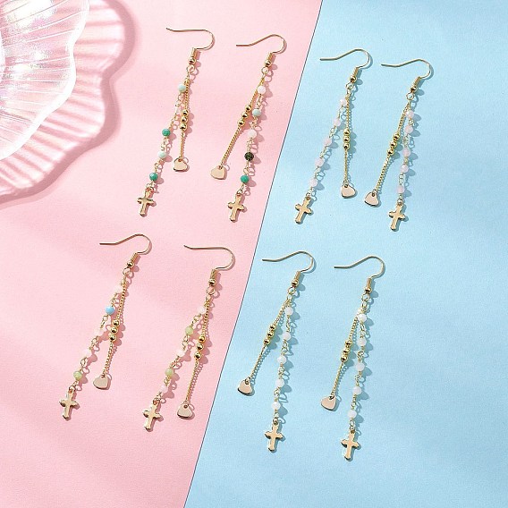 Пересечь 304 серьги болтаться из нержавеющей стали, с латунными крючками для сережек и латунными цепочками ручной работы, золотые