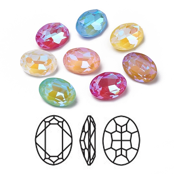 Glass Rhinestone Cabochons, Mocha Fluorescent Style, Pointed Back, Faceted, Oval