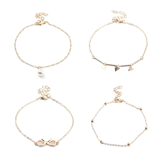 4Pcs 4 Style Alloy Chain Anklets Sets, Bowknot Link Anklets with Triangle and Resin Pearl Charm for Women