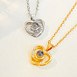 I Love You in 100 Languages Glass Projection Necklace, Rhinestone Heart Pendant Necklace with Alloy Chains