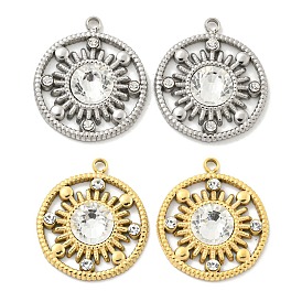 304 Stainless Steel Pendants, with Crystal Rhinestone, Flat Round Charms