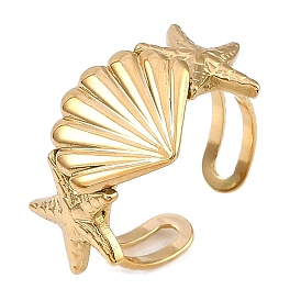 304 Stainless Steel Open Cuff Rings for Women, Starfish & Shell