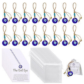 Плоский круглый лэмпворк ручной работы с эффектом сглаза и подвесными украшениями из дерева, с подарочными пакетами из органзы и бумажными открытками, золотые