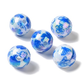 Printed Acrylic Beads, UV Plating, Round with Flower