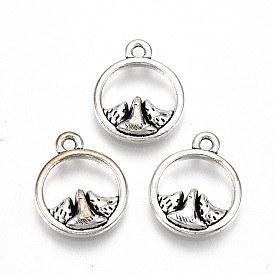 Tibetan Style Alloy Charms, Lead Free & Cadmium Free, Flat Round with Mountain