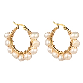 Ring Natural Pearl Beads Hoop Earrings for Girl Women, Golden