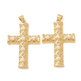 Brass with ABS Plastic Imitation Pearl Pendants, Cross with Rhombus Charms, Rack Plating, Long-Lasting Plated, Lead Free & Cadmium Free, White