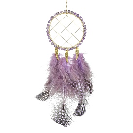 Natural Gemstone Woven Net/Web with Feather Wall Hanging Decoration, with Brass Finding, for Home Offices Amulet Ornament