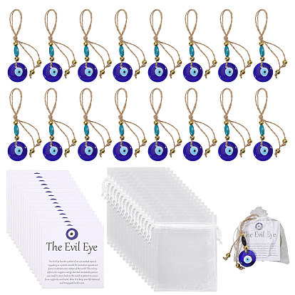 Плоский круглый лэмпворк ручной работы с эффектом сглаза и подвесными украшениями из дерева, с подарочными пакетами из органзы и бумажными открытками, золотые