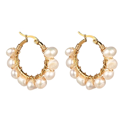 Ring Natural Pearl Beads Hoop Earrings for Girl Women, Golden