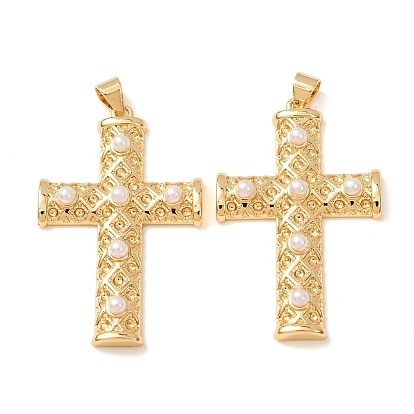 Brass with ABS Plastic Imitation Pearl Pendants, Cross with Rhombus Charms, Rack Plating, Long-Lasting Plated, Lead Free & Cadmium Free, White