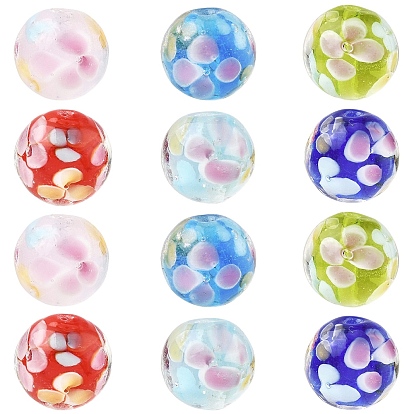12 piezas 6 colores cuentas redondas de lampwork, patrón de pétalo de flor de ciruelo, con agujero