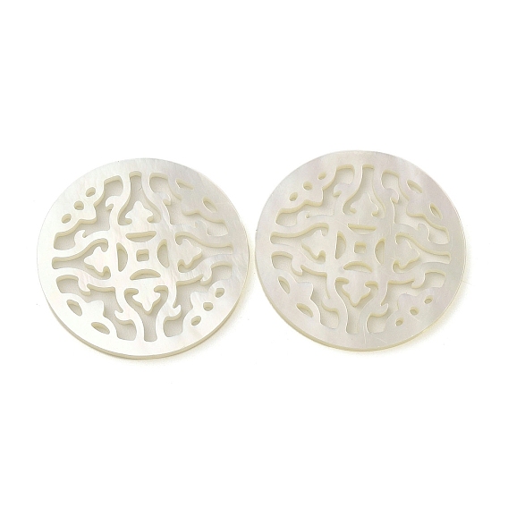 Natural White Shell Hollow Pendants, Flat Round Charms