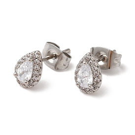 Teardrop Brass Cubic Zirconia Stud Earring, with 316 Stainless Steel Pin