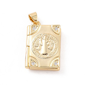 Rack Plating Brass Micro Pave Clear Cubic Zirconia Locket Pendants, Cadmium Free & Lead Free, Religion, Rectangle with Virgin Mary