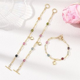 Brass Heart Charm Bracelets, Cube Natural Multicolor Tourmaline Beads Link Bracelets for Women