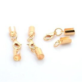 Brass Lobster Claw Clasps with Two Cord Ends for Necklace Making, 37x6mm, Hole: 4mm