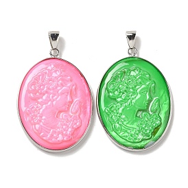 Dyed Natural White Shell Cameo Woman Pendants, Brass Oval Charms with Platinum Plated Iron Snap on Bails