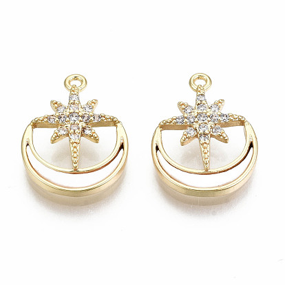 Brass Micro Pave Clear Cubic Zirconia Pendants, with Freshwater Shell, Nickel Free, Star with Moon
