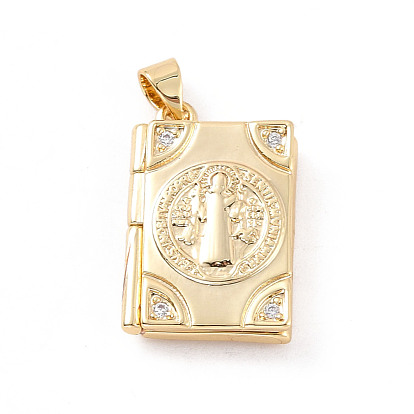 Rack Plating Brass Micro Pave Clear Cubic Zirconia Locket Pendants, Cadmium Free & Lead Free, Religion, Rectangle with Virgin Mary