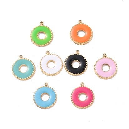 304 Stainless Steel Enamel Pendants, Real 18K Gold Plated, Donut