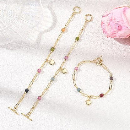 Brass Heart Charm Bracelets, Cube Natural Multicolor Tourmaline Beads Link Bracelets for Women