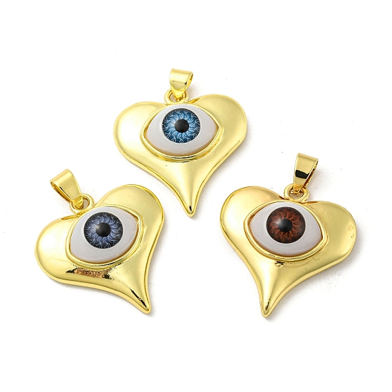 Real 18K Gold Plated Brass Pendants, with Acrylic, Heart with Evil Eye Charms