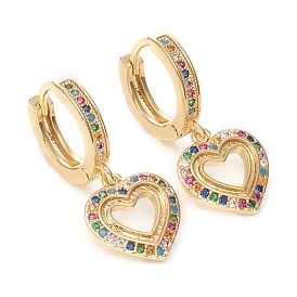 Brass Micro Pave Cubic Zirconia Huggie Hoop Earrings, Long-Lasting Plated, Heart, Colorful