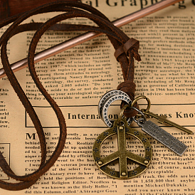 Знак мира и прямоугольник со словом и кросс регулируемые кожаные сплава кулон ожерелье, 8 дюйм ~ 16 дюйм