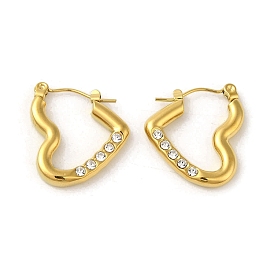 304 Stainless Steel Pave Crystal Rhinestone Hoop Earrings for Women, Heart